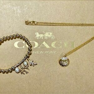 Coach Gold-tone Crystal Nautical Seashell Necklace & Beaded Coral Bracelet Set